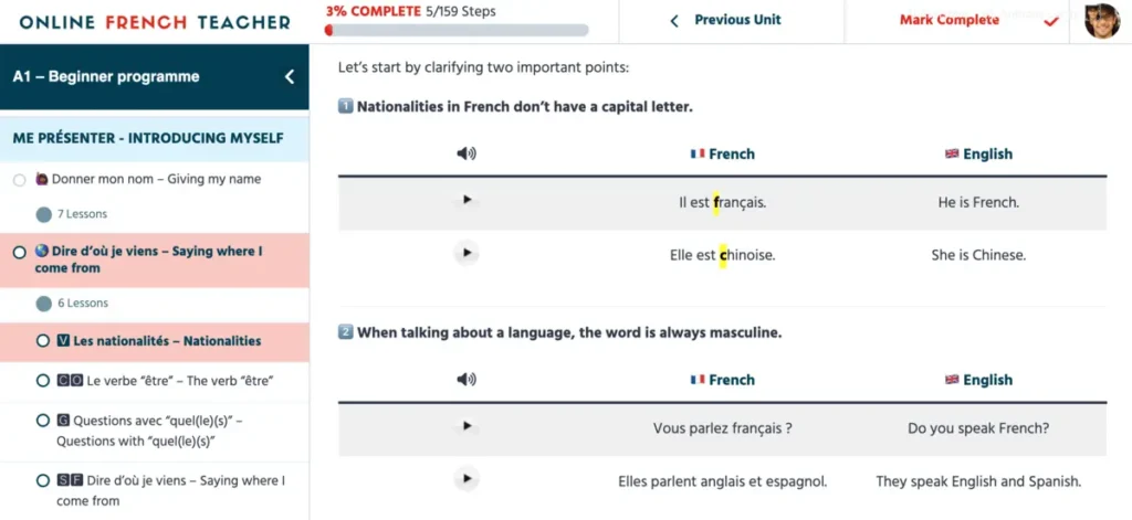 Exemple French E-learning platform - lesson page