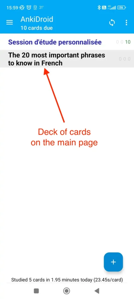 Anki: deck of cards on main page